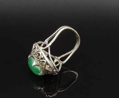 925 Silver  Vintage Cabochon Green Onyx Open Scroll Heart Ring Sz 5  RG25837