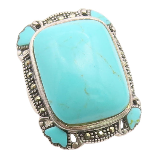 925 Sterling Silver Vintage Ring Large Turquoise & Marcasite Band Sz 6.5 RG35429