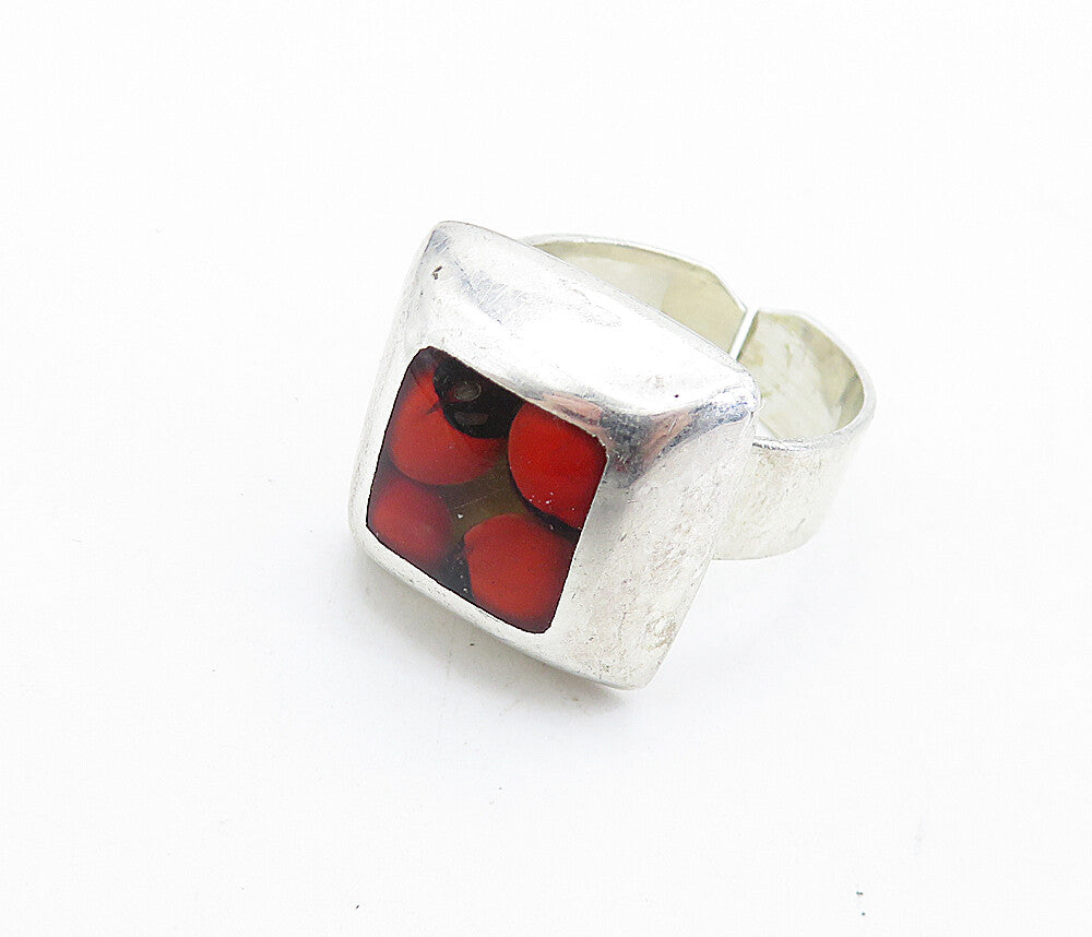 925 Sterling Silver  Vintage Glass Art Square Dome Cocktail Ring Sz 8  RG6132