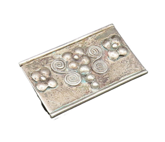 925 Silver  Vintage Floral Beaded & Spirals Rectangle Brooch Pin  BP9700