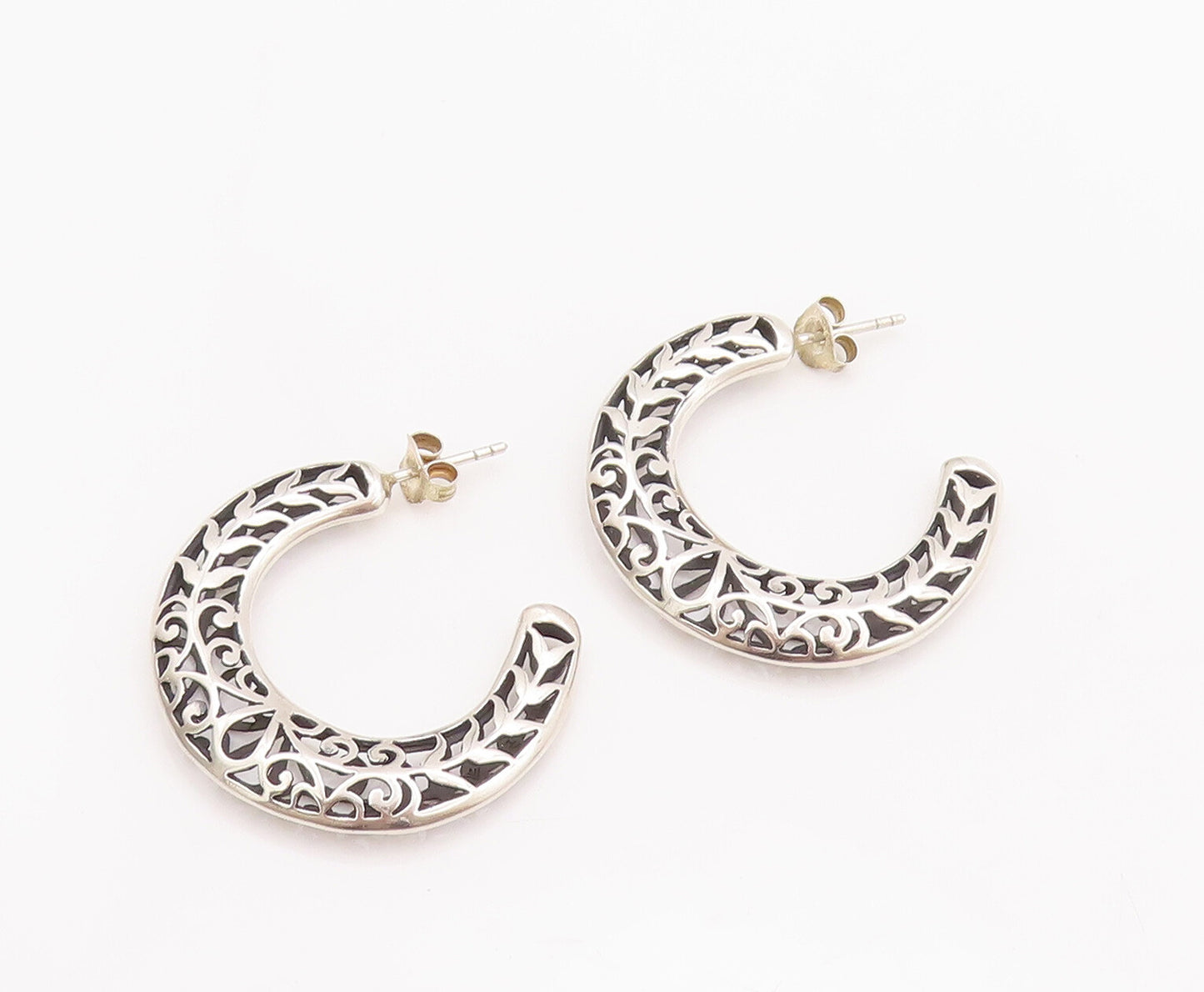 925 Sterling Silver Vintage Earrings Solid Swirly Carved Open Hoops  EG12983