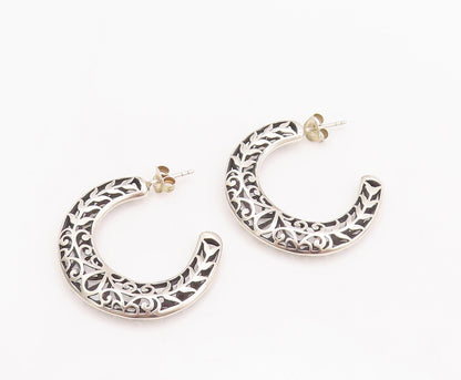 925 Sterling Silver Vintage Earrings Solid Swirly Carved Open Hoops  EG12983
