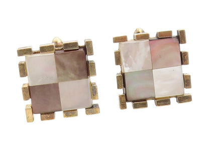 925 Sterling Silver Vintage Cuff Links Mother Of Pearl Checkerboard Pair TR4056