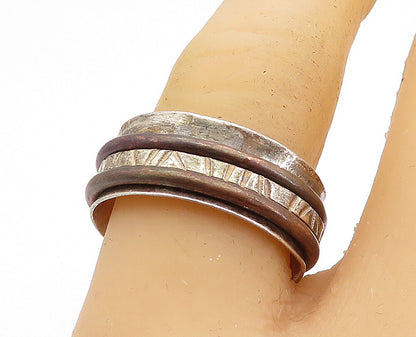 925 Sterling Silver  Vintage Two Tone Rustic Etched Spinner Ring Sz 8  RG3999