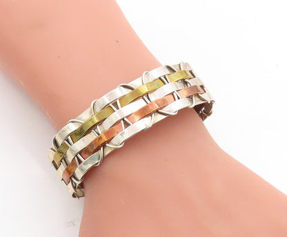 MEXICO 925 Sterling Silver  Vintage Shiny Three Tone Cuff Bracelet  BT1957