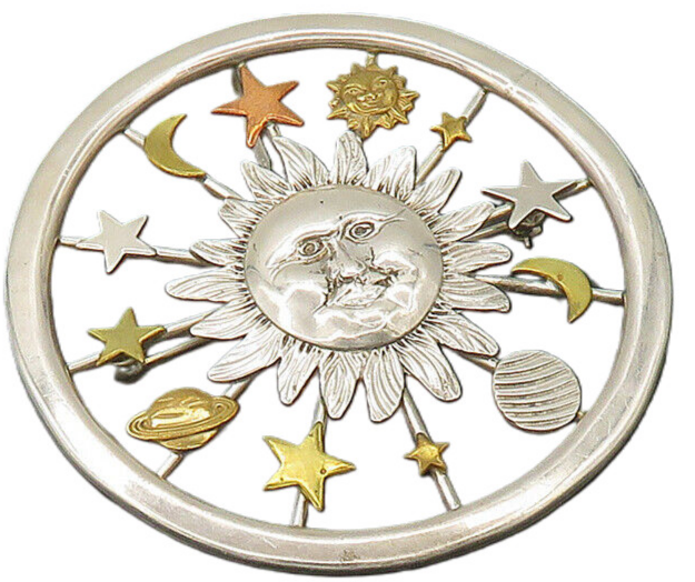 DESIGNER 925 Sterling Silver  Vintage Solar System Two Tone Brooch Pin  BP8642