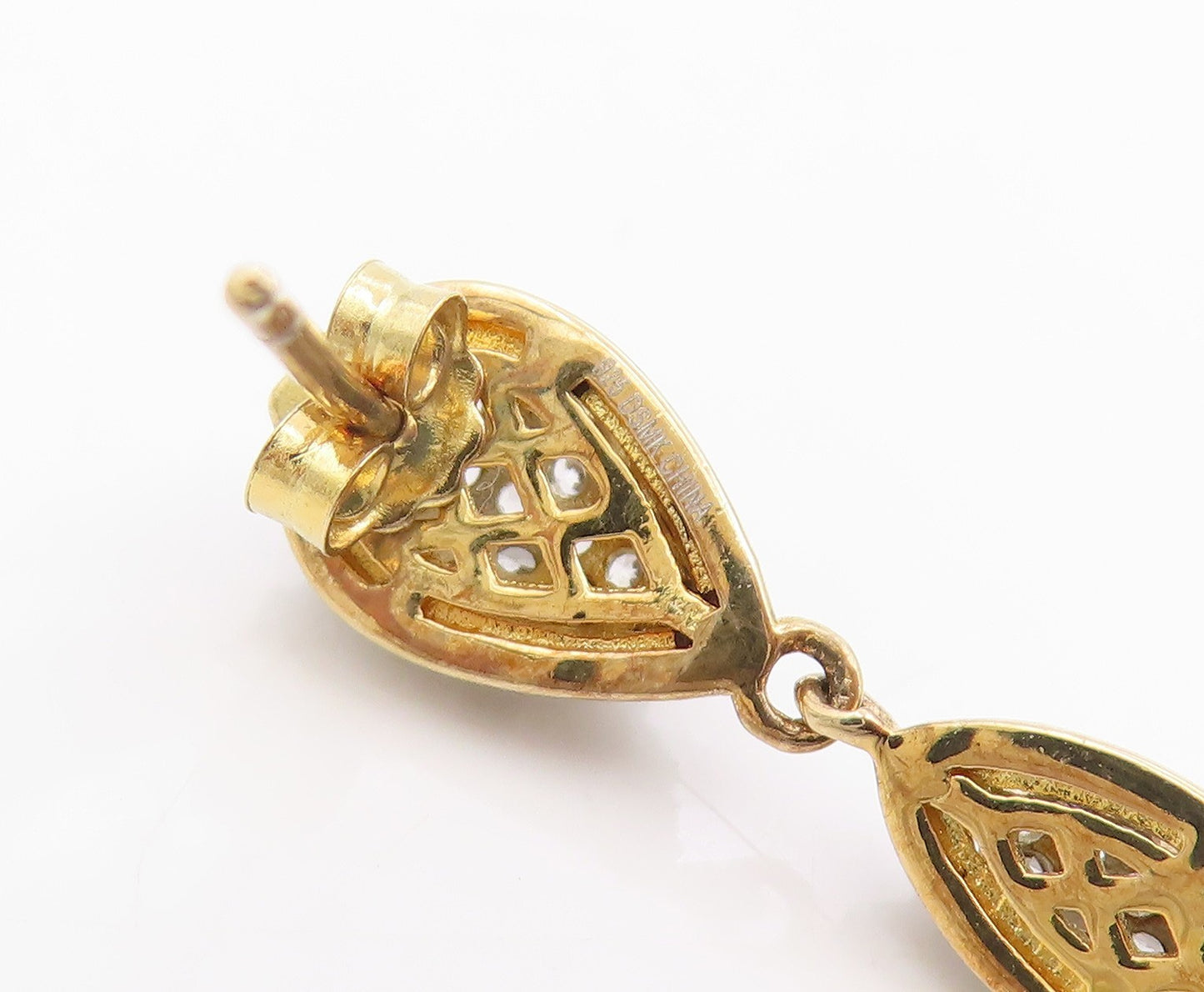 925 Sterling Silver Vintage Earrings Gold Plated CZ Teardrop Dangle  EG14329