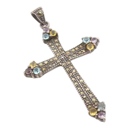 925 Sterling Silver Vintage Pendant Classic Multi Gemstone Holy Cross  PT26199
