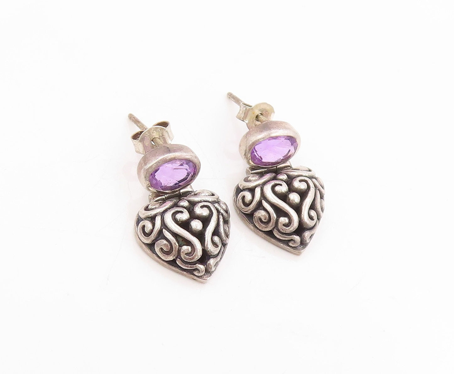 925 Sterling Silver Vintage Earrings JANICE GIRARDI Amethyst Love Heart  EG14030