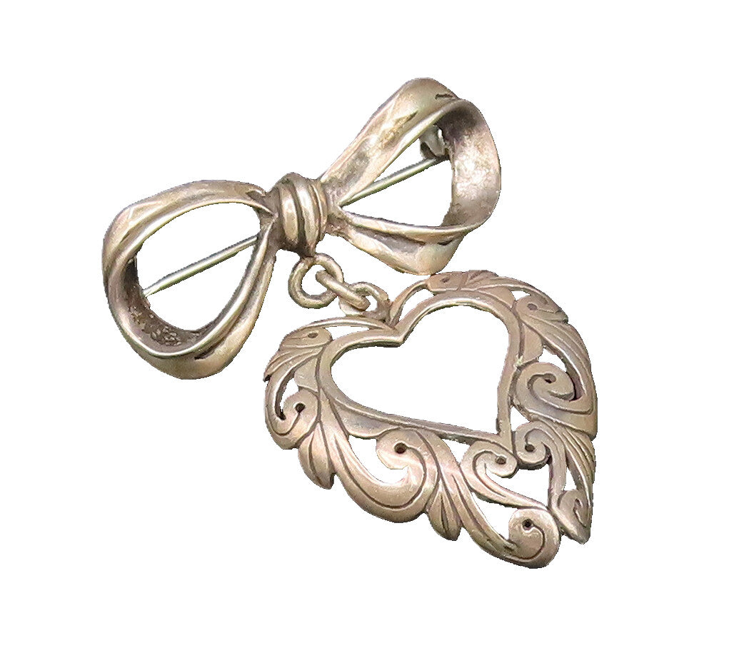925 Silver  Vintage Dainty Bow Tie Dangle Scroll Love Heart Brooch Pin  BP9759