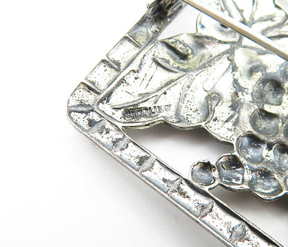 925 Sterling Silver  Vintage Antique Grape Bunch Square Brooch Pin  BP2693