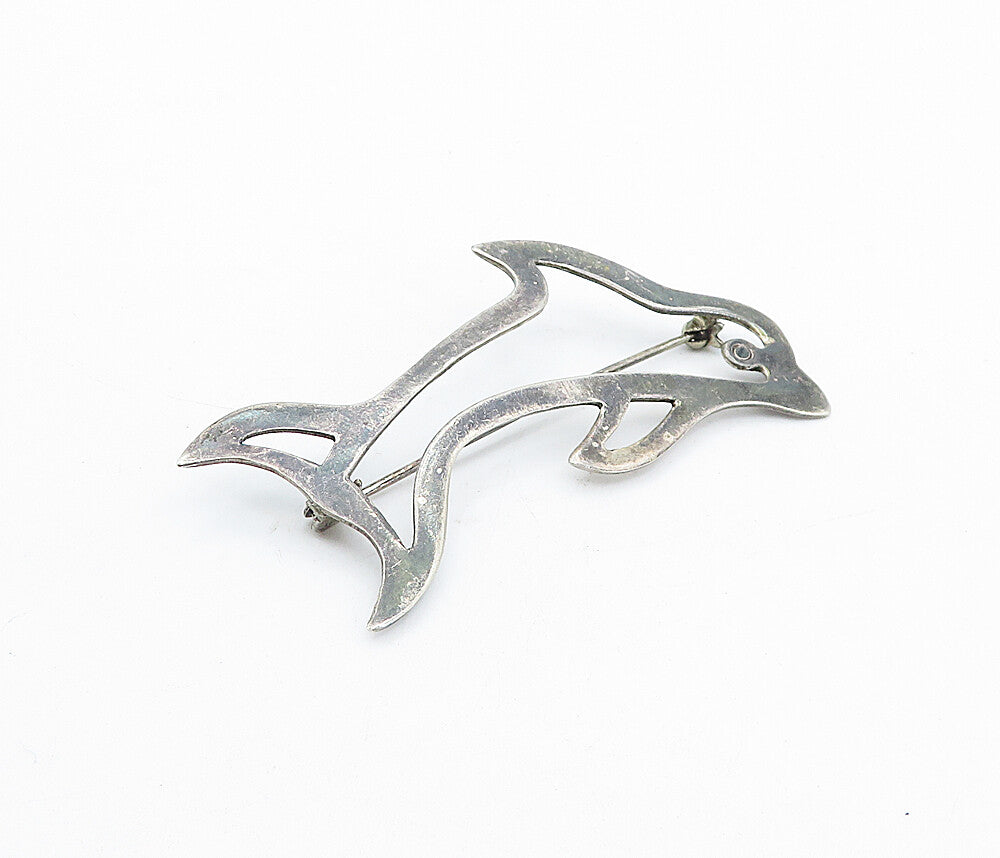 925 Sterling Silver  Vintage Dark Tone Dolphin Outline Brooch Pin  BP1719