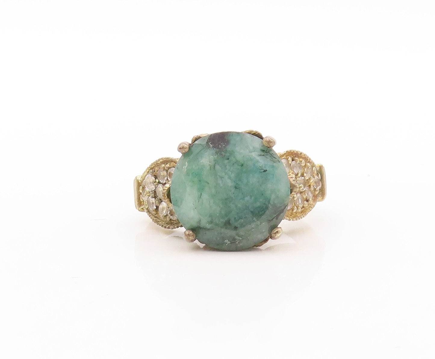 925 Sterling Silver Vintage Ring Gold Plated Green Gemstone & CZ  Sz 6  RG30806