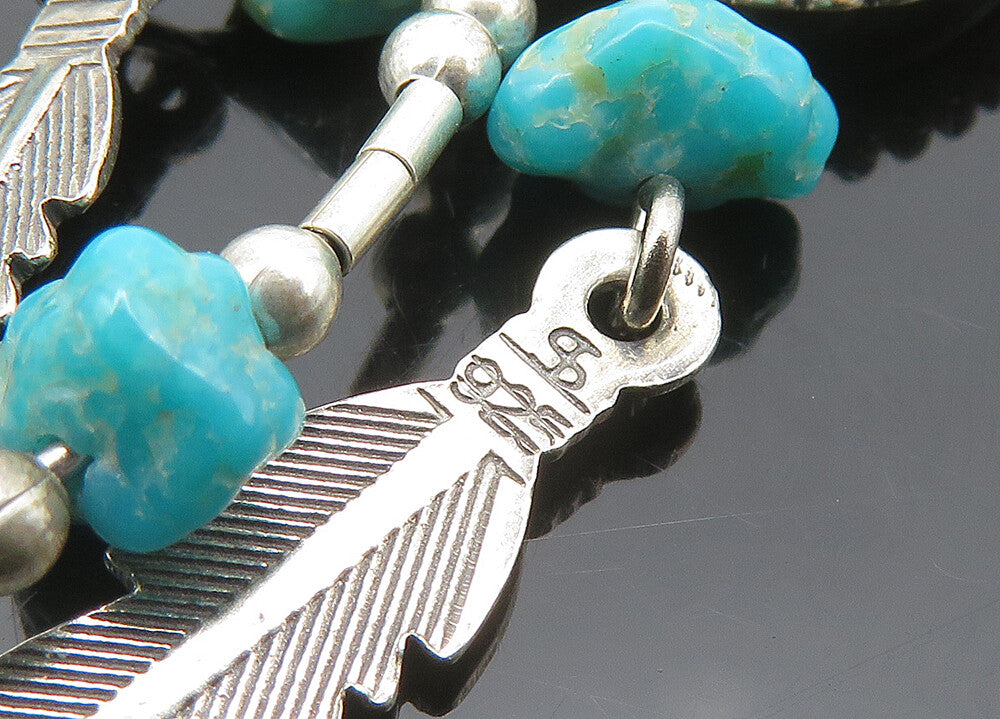 SOUTHWESTERN 925 Silver Vintage Turquoise Feather Dangle Earrings EG10447