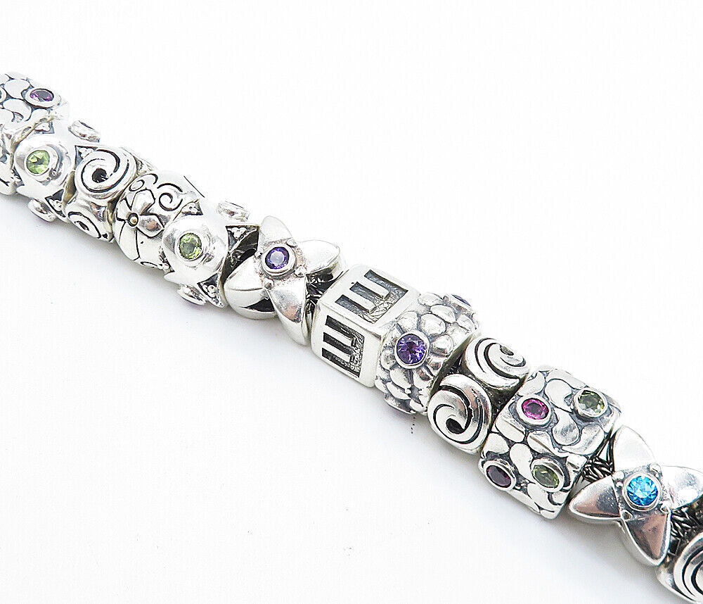 925 Sterling Silver & 18K GOLD Vintage Multi Gemstone Chain Bracelet BT3014