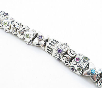 925 Sterling Silver & 18K GOLD Vintage Multi Gemstone Chain Bracelet BT3014