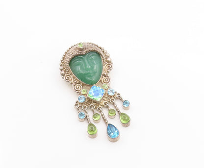 925 Sterling Silver Vintage Brooch Pin SAJEN Multi Gemstone Bali Goddess BP12255