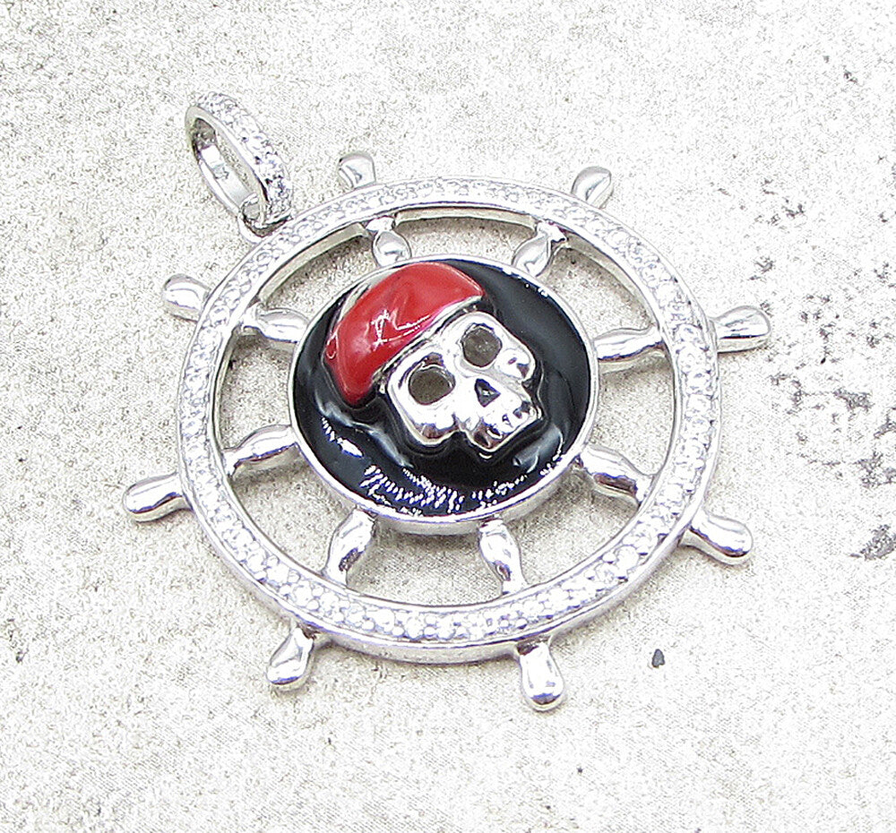 925 Sterling Silver  Cubic Zirconia Pirate Skull Wheel Drop Pendant  PT1411
