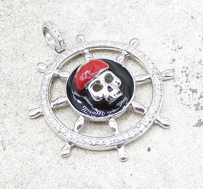 925 Sterling Silver  Cubic Zirconia Pirate Skull Wheel Drop Pendant  PT1411