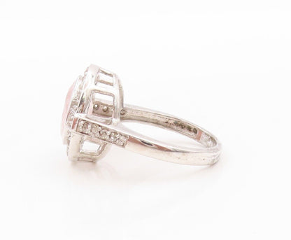 925 Sterling Silver Vintage Ring Oval Pink Gemstone Halo Diamonds  Sz 7  RG30179