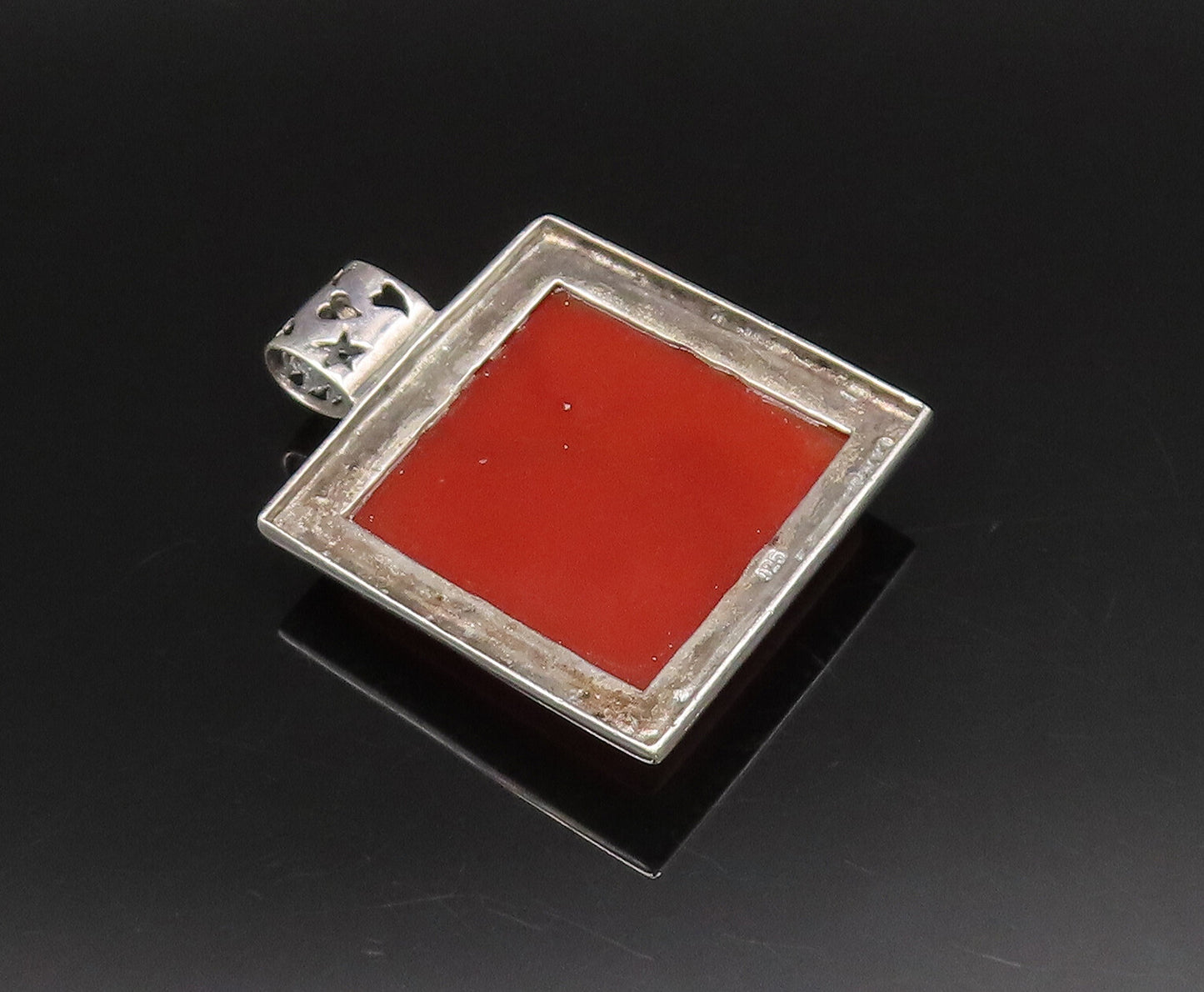 925 Sterling Silver  Vintage Dotted Edge Square Carnelian Pendant  PT21713