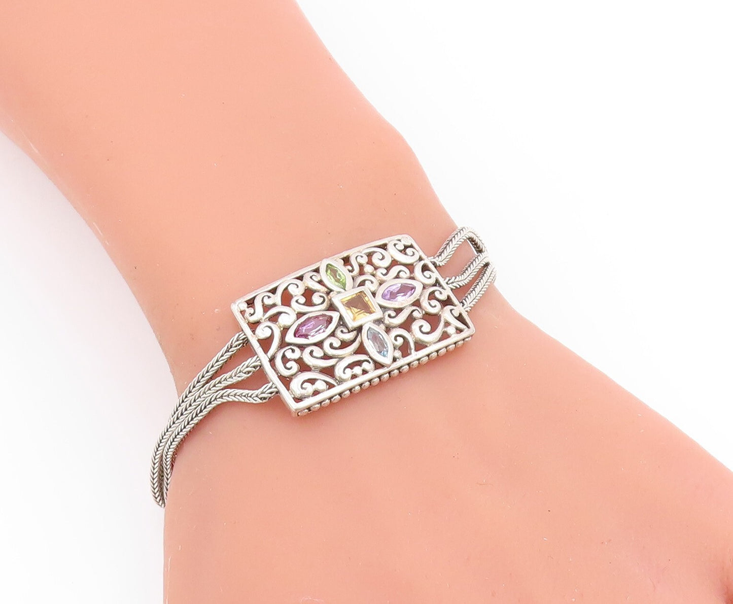 925 Sterling Silver Vintage Bracelet Swirly Citrine Peridot Amethyst CZ  BT11009