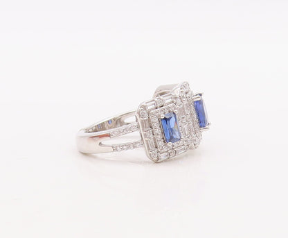 925 Sterling Silver Vintage Ring Rectangle Cut Blue & CZ Inlay  Sz 7  RG29497