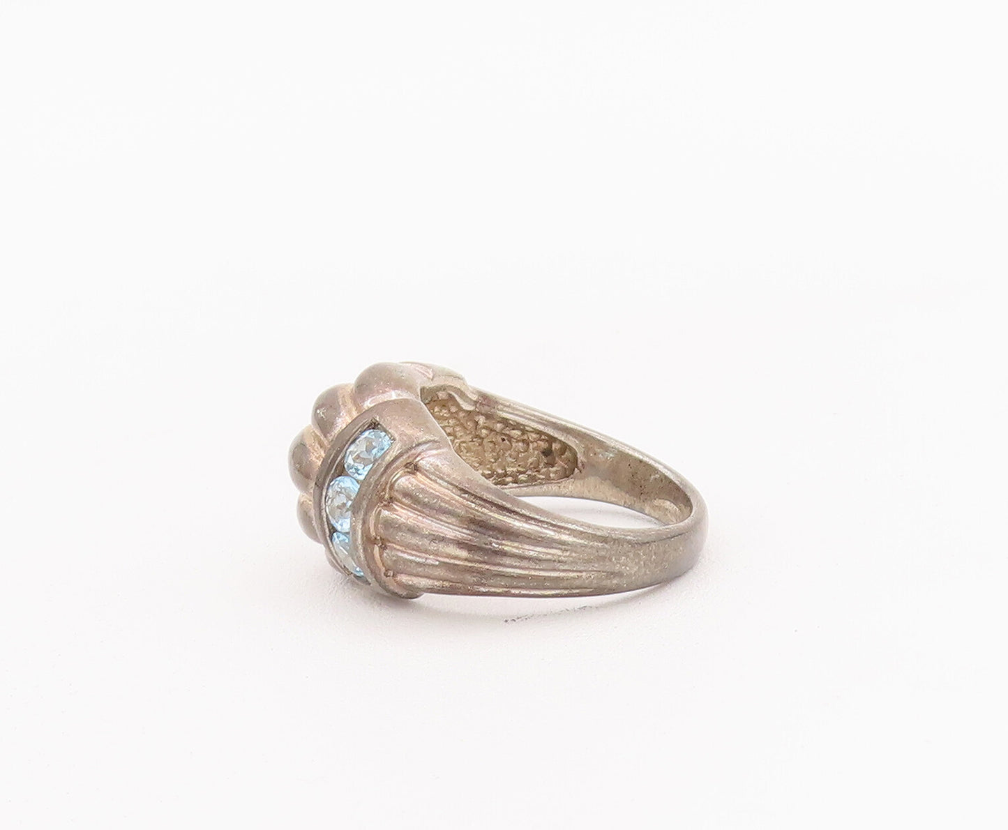 925 Sterling Silver Vintage Ring Domed Grooved Blue CZ Bands  Sz 6  RG28059