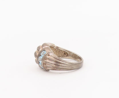 925 Sterling Silver Vintage Ring Domed Grooved Blue CZ Bands  Sz 6  RG28059