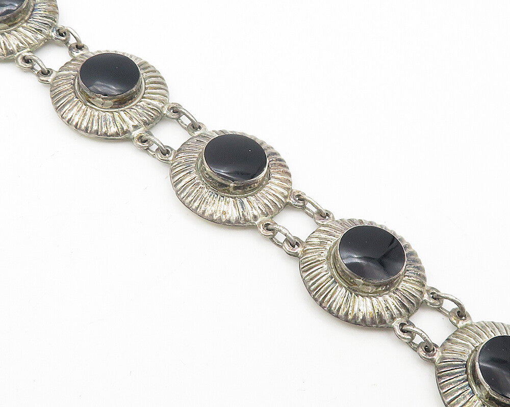 925 Sterling Silver  Vintage Black Onyx Etched Round Chain Bracelet  BT4544
