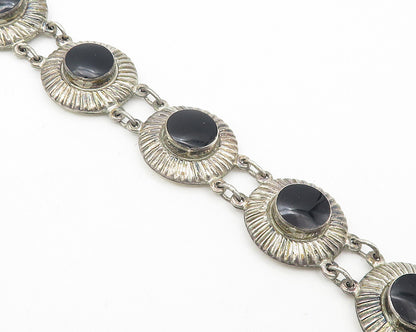 925 Sterling Silver  Vintage Black Onyx Etched Round Chain Bracelet  BT4544