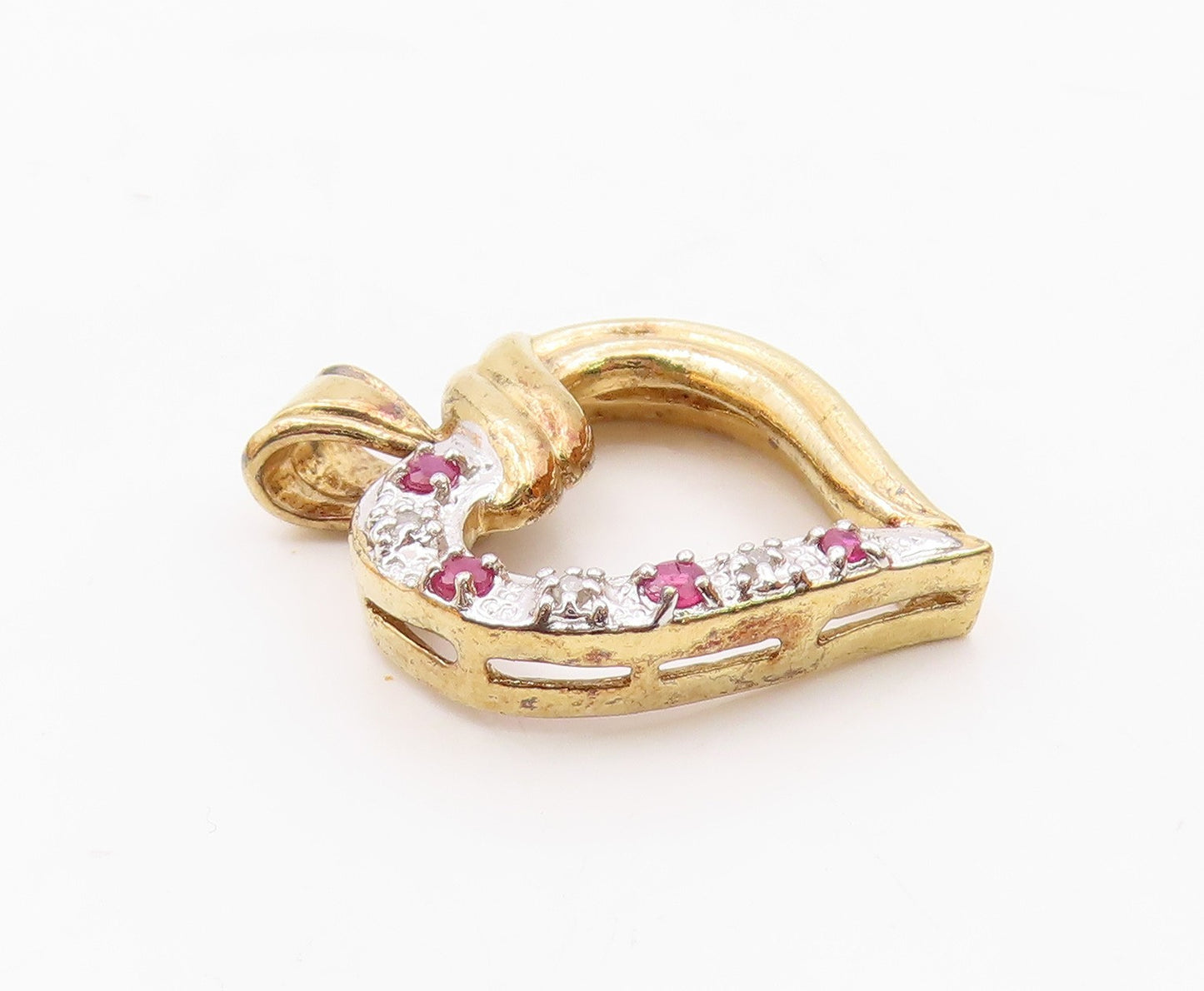 925 Sterling Silver  Vintage Genuine Diamond & Ruby Heart Pendant  PT15771