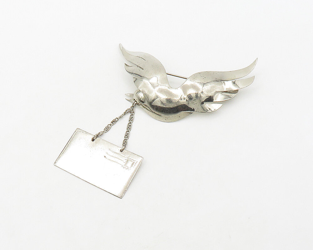 925 Sterling Silver  Vintage Shiny Flying Dove With Letter Brooch Pin  BP7166