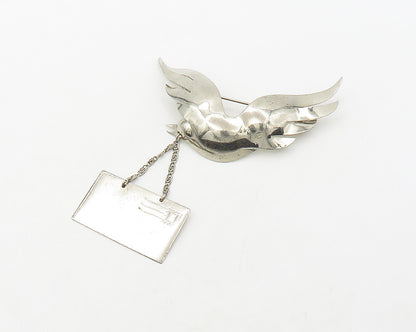 925 Sterling Silver  Vintage Shiny Flying Dove With Letter Brooch Pin  BP7166