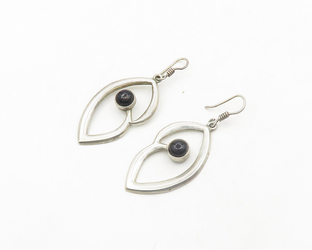 MEXICO 925 Silver  Vintage Cabochon Cut Black Onyx Shiny Drop Earrings  EG9617