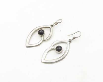 MEXICO 925 Silver  Vintage Cabochon Cut Black Onyx Shiny Drop Earrings  EG9617