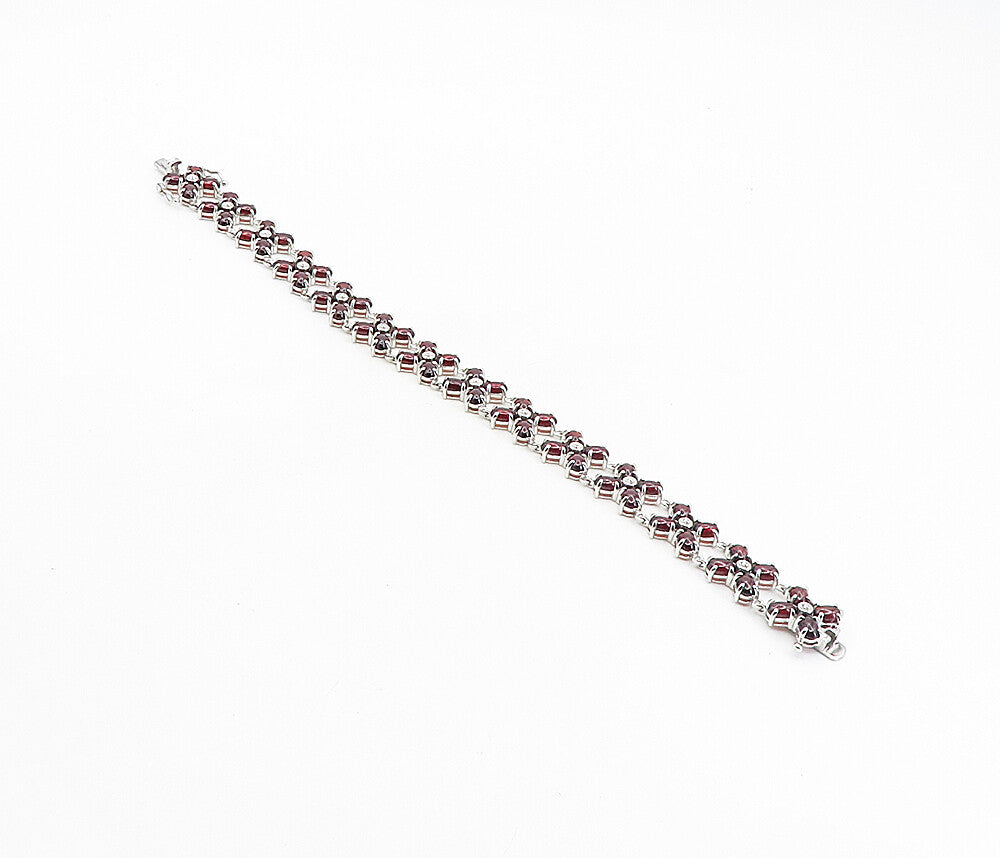 925 Sterling Silver Red Topaz & Genuine Diamonds Shiny Chain Bracelet BT3951