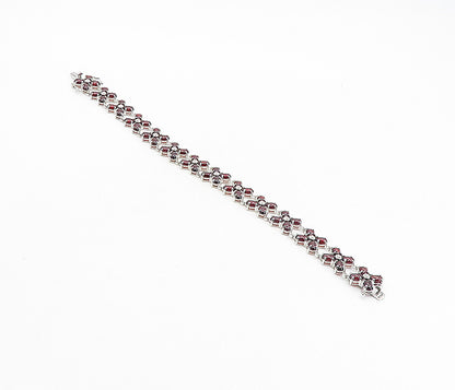 925 Sterling Silver Red Topaz & Genuine Diamonds Shiny Chain Bracelet BT3951