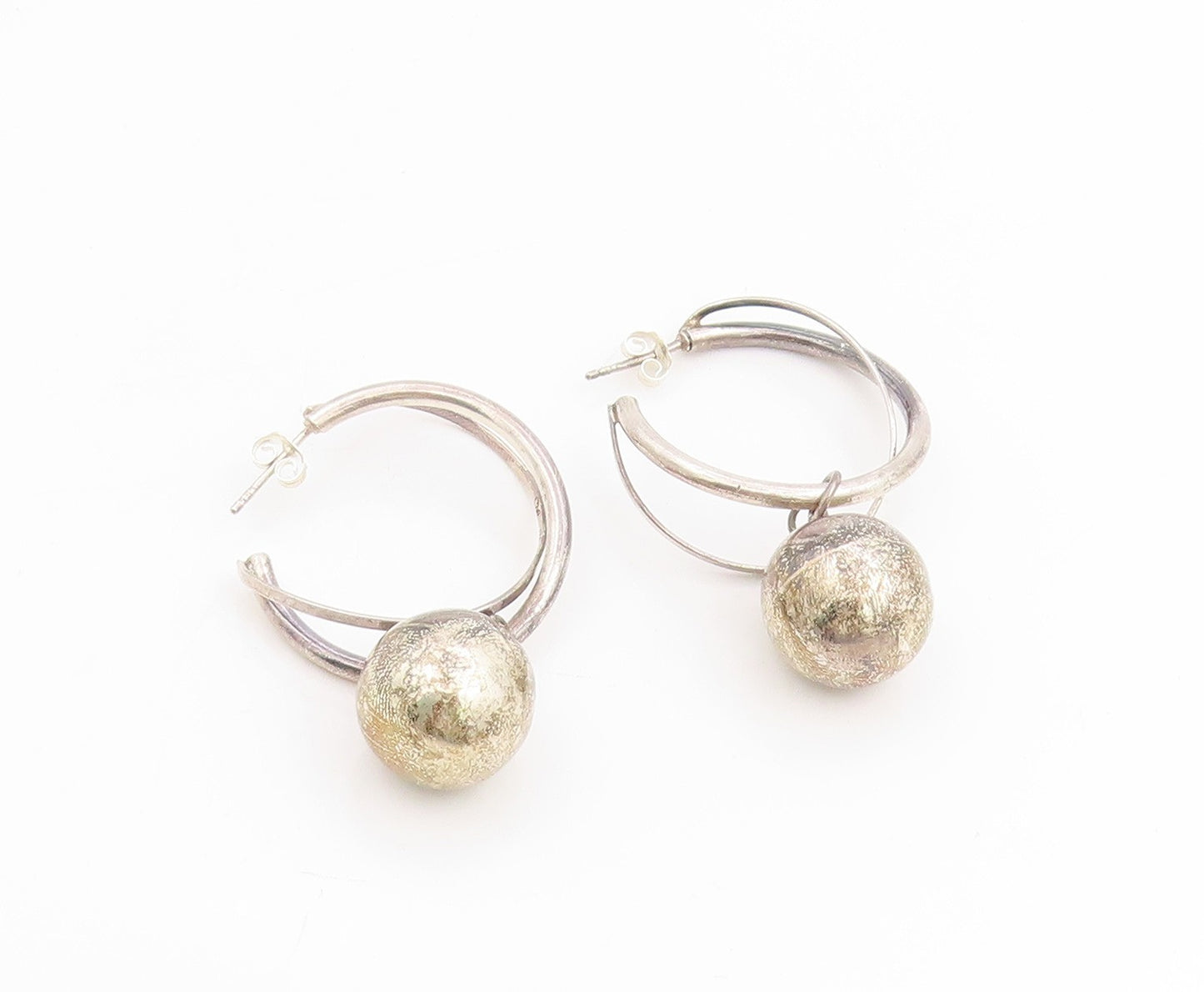 925 Sterling Silver Vintage Earrings Double Hoop Geometric Sphere Dangle EG13757