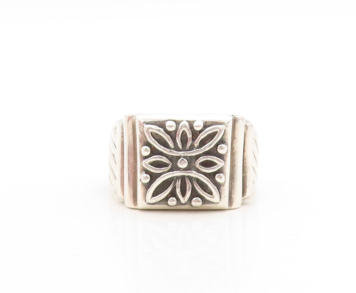 925 Sterling Silver Vintage Ring Solid Dark Tone Floral Carved  Sz 14  RG31600