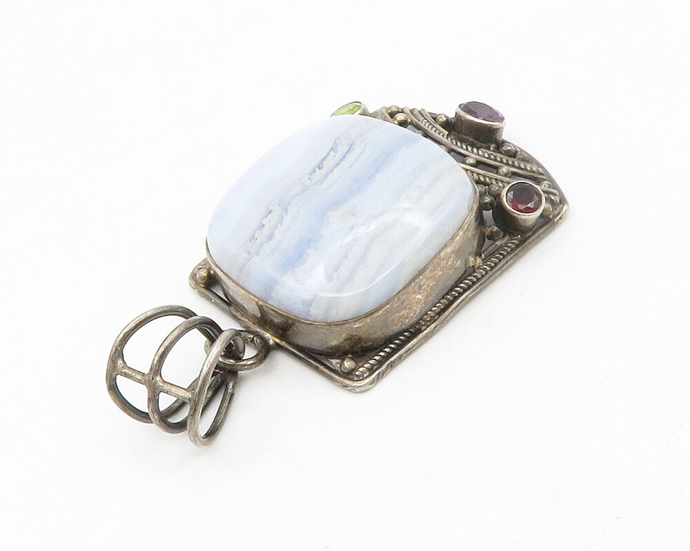 925 Sterling Silver  Vintage Agate Amethyst Peridot & Garnet Pendant  PT10672