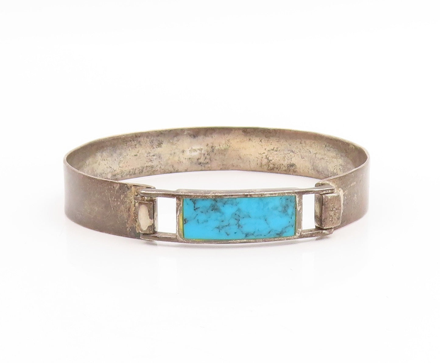925 Sterling Silver Vintage Bracelet Rectangular Turquoise Inlay Bangle  BT11456