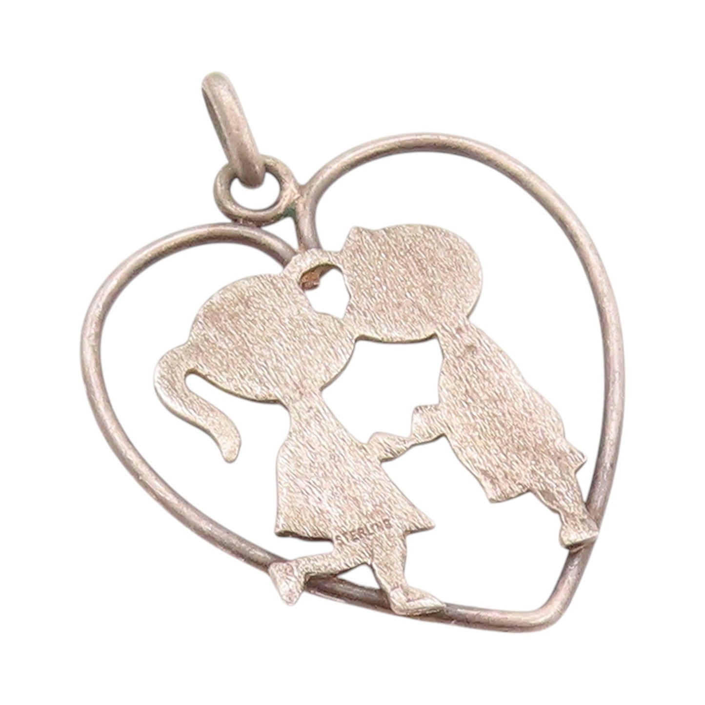 925 Sterling Silver Vintage Pendant Childhood Kissing Lovers Cut Heart  PT24224