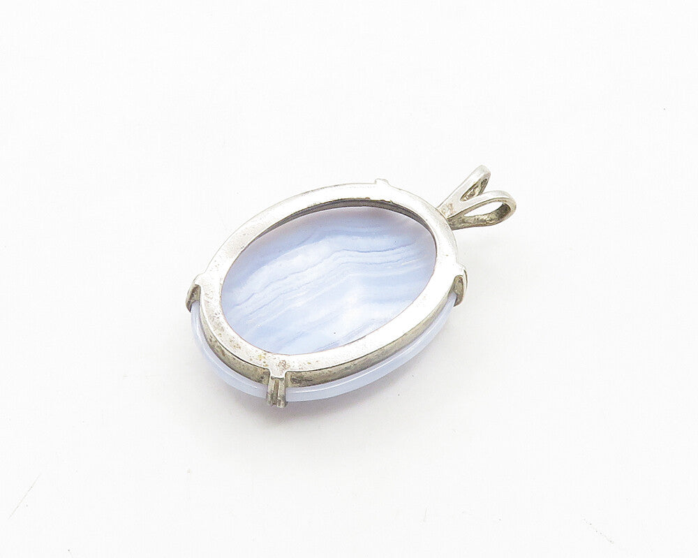 925 Sterling Silver  Vintage Cabochon Cut Blue Agate Oval Pendant  PT15429