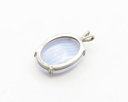 925 Sterling Silver  Vintage Cabochon Cut Blue Agate Oval Pendant  PT15429