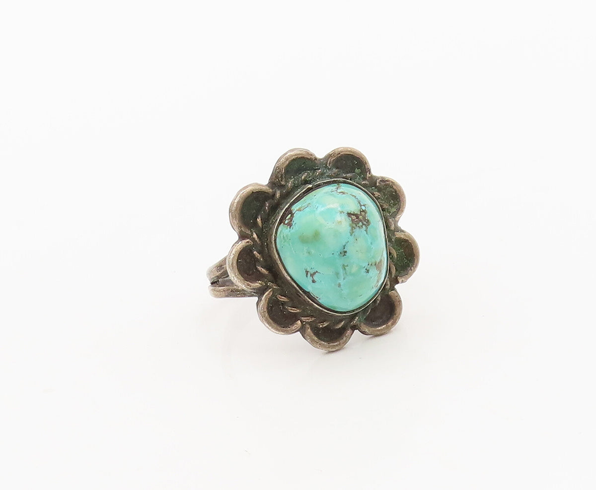 925 Silver Vintage Antique Southwestern Turquoise Carved Ring Sz 6 RG27250