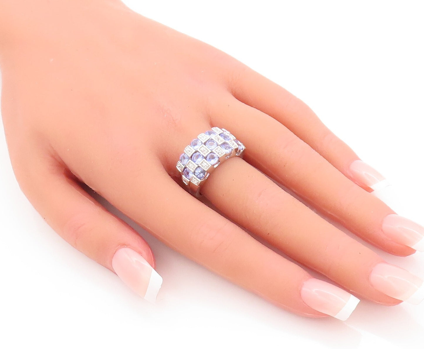 925 Sterling Silver Vintage Ring Square Cut Tanzanite & Sapphire Sz 7.5  RG29432