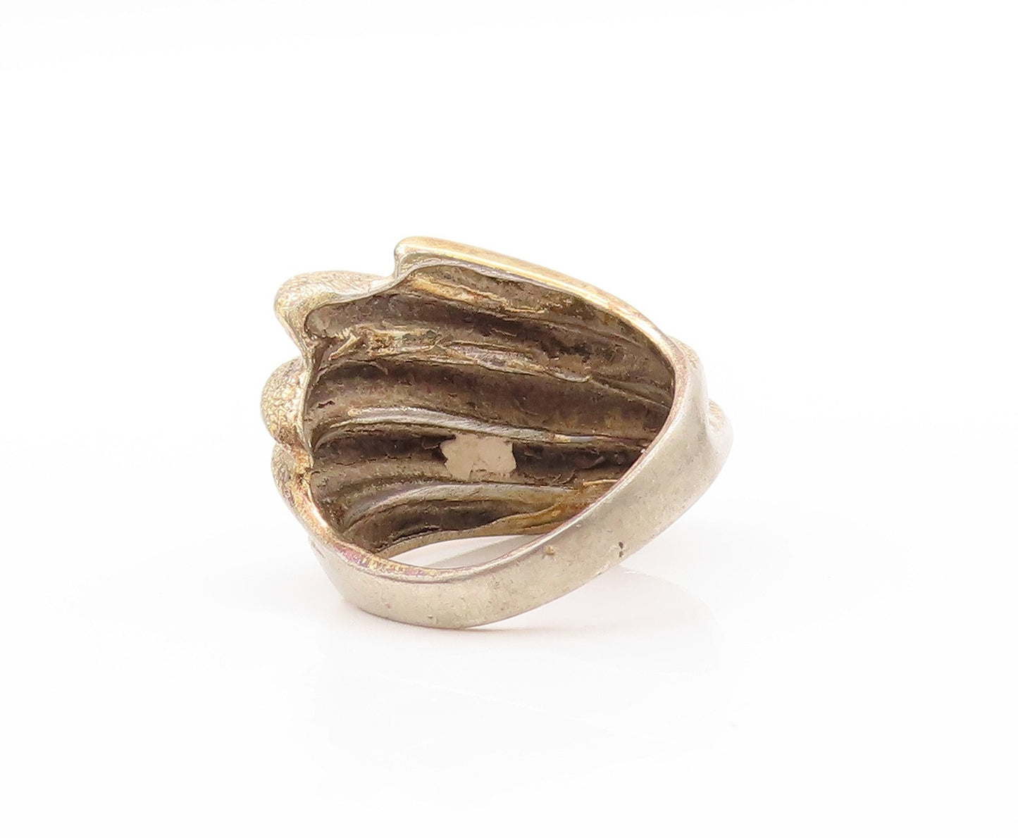 925 Sterling Silver Vintage Ring Gold Plated Designer Carved Wave Sz 7.5 RG32871