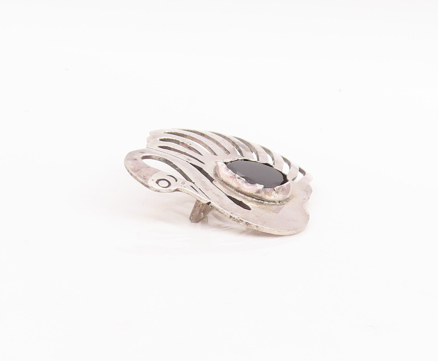 925 Sterling Silver Vintage Brooch Pin Solid Cutout Onyx Swan  BP11122