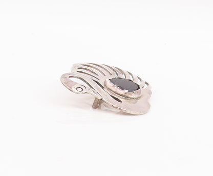 925 Sterling Silver Vintage Brooch Pin Solid Cutout Onyx Swan  BP11122